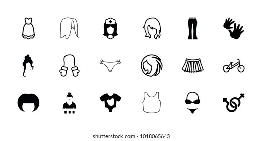 Girl icons. set of 18 editable filled and outline girl icons: woman hairstyle, nurse, male and female, child bicycle, baby mitten, skirt, dress, baby onesie, baby hands