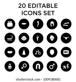 Girl icons. set of 20 editable filled girl icons such as baby, child bicycle, face, hairstyle, lips, shoe, skirt, male. best quality girl elements in trendy style.