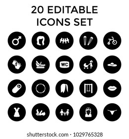 Girl icons. set of 20 editable filled girl icons such as child bicycle, hairstyle, hair barrette, female underwear, dress. best quality girl elements in trendy style.