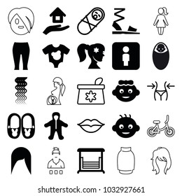 Girl icons. set of 25 editable filled and outline girl icons such as baby, curly hair, woman hairstyle, swing, house insurance, make up bag, slim, newborn child, love