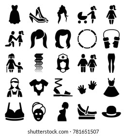 Girl icons. set of 25 editable filled girl icons such as baby hands, curly hair, hairstyle, spa mask, sport bra, mittens, nurse, pregnant woman, dress, baby onesie