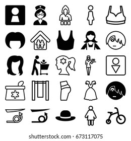 Girl icons set. set of 25 girl filled and outline icons such as woman wc, child bicycle, straight hair, woman hairstyle, hairstyle, maid, sport bra, emo emot, nurse