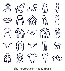 Girl icons set. set of 25 girl outline icons such as baby onesie, baby food, woman hairstyle, woman, hairstyle, panties with heart, lips, slim, shoe, female underwear, dress