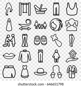Girl icons set. set of 25 girl outline icons such as baby shoes, baby basket, baby mitten, woman hairstyle, girl, curly hair, lips, hair barrette, tights, sport bra, dress