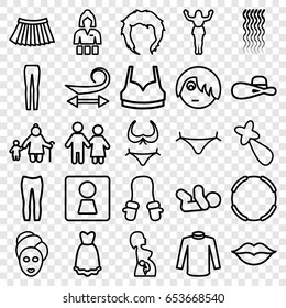 Girl icons set. set of 25 girl outline icons such as woman wc, baby mitten, baby, curly hair, panties with heart, bikini, hairstyle, spa mask, hair barrette, casino girl