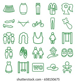 Girl icons set. set of 25 girl outline icons such as child bicycle, baby shoes, hairstyle, panties with heart, woman face with flower in hair, woman hat, hair barrette, wc