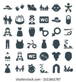 Girl icons. set of 36 editable filled girl icons such as baby, baby onesie, face, female, straight hair, hairstyle, woman hat, maid, wc, sandals, skirt, dress, emo emot