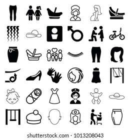 Girl icons. set of 36 editable filled and outline girl icons such as man wc, baby basket, hairstyle, woman pants, skirt, marriage proposal, woman, nurse, swing, eyelash, dress