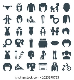 Girl icons. set of 36 editable filled girl icons such as child bicycle, girl, woman hairstyle, woman face with flower in hair, hair barrette, sweater, skirt, dress, nurse