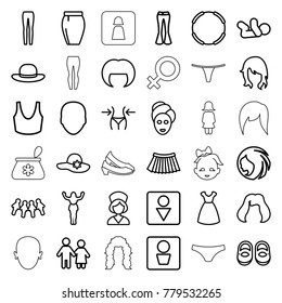 Girl icons. set of 36 editable outline girl icons such as man wc, baby shoes, baby, face, woman hairstyle, dress, woman hat, spa mask, slim, hairstyle, male wc, sport bra