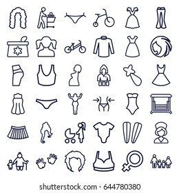 Girl icons set. set of 36 girl outline icons such as baby onesie, child bicycle, baby hands, woman hairstyle, female, hairstyle, panties with heart, make up bag, dress, slim