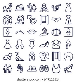 Girl icons set. set of 36 girl outline icons such as man wc, baby shoes, baby toy, child playground carousel, man and woman, girl, woman hairstyle, dress, eyelashes, maid