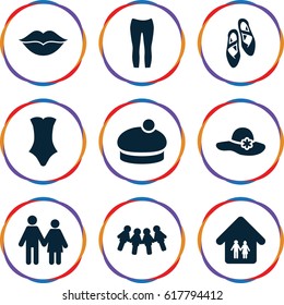 Girl icons set. set of 9 girl filled icons such as woman hat, swimsuit, woman pants, love, family home, ballet shoes, couple