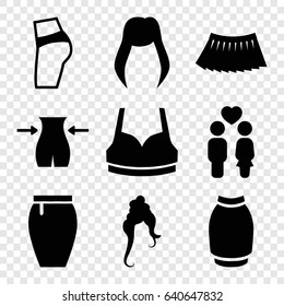 Girl icons set. set of 9 girl filled icons such as woman hairstyle, slim, sport bra, skirt, couple