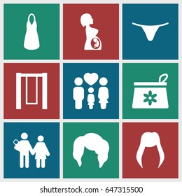 Girl icons set. set of 9 girl filled icons such as woman hairstyle, make up bag, female underwear, dress, family, pregnant woman, couple with newborn