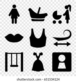 Girl icons set. set of 9 girl filled icons such as woman wc, baby basket, curly hair, lips, sport bra, dress, swing, woman