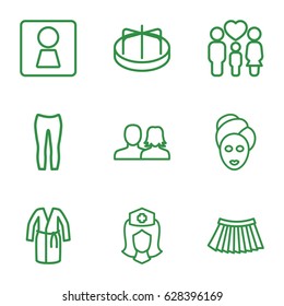 Girl icons set. set of 9 girl outline icons such as woman WC, child playground carousel, man and woman, spa mask, dress, woman pants, skirt, nurse