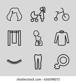 Girl icons set. set of 9 girl outline icons such as child bicycle, eyelash, hairstyle, sweater, woman pants, pregnant woman