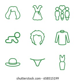 Girl icons set. set of 9 girl outline icons such as hairstyle, female underwear, sweater, dress, woman hat, family