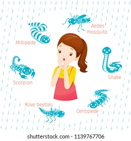 Girl With Icons Set Of Animals In Rainy Season, Monsoon, Venomous, Dangerous