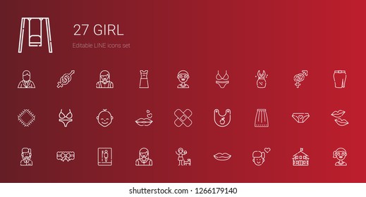 girl icons set. Collection of girl with boy, lips, woman, toilet, garter, customer service, skirt, bib, patch, kiss, baby, bikini, dress, kindergarten. Editable and scalable girl icons.