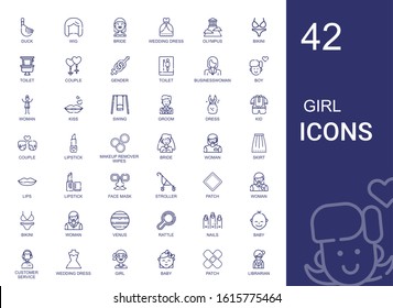 girl icons set. Collection of girl with duck, wig, bride, wedding dress, olympus, bikini, toilet, couple, gender, businesswoman, boy, woman. Editable and scalable girl icons.