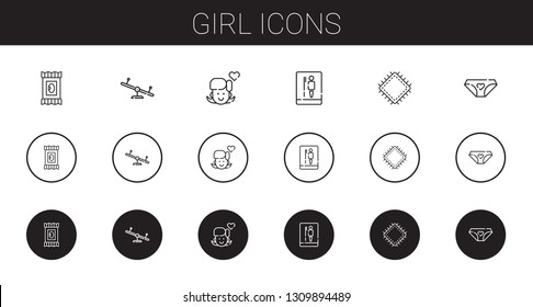 girl icons set. Collection of girl with makeup remover wipes, swing, toilet, patch, panties. Editable and scalable girl icons.