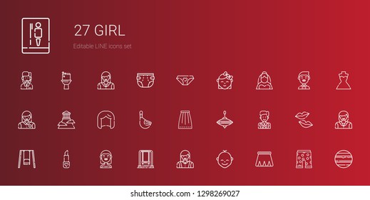 girl icons set. Collection of girl with skirt, baby, woman, swing, bride, lipstick, groom, whirligig, duck, wig, olympus, panties, venus, swim suit. Editable and scalable girl icons.