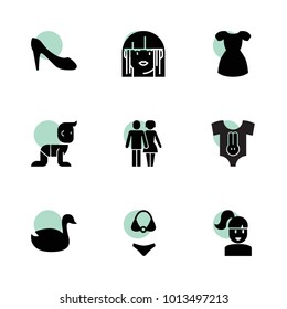 Girl icons. vector collection filled girl icons set.. includes symbols such as duck, woman, baby clothing, baby, couple, girl, women shoes. use for web, mobile and ui design.