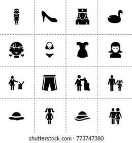 Girl icons. vector collection filled girl icons. includes symbols such as duck, woman, woman with garbage, girl, farher and daughter. use for web, mobile and ui design.