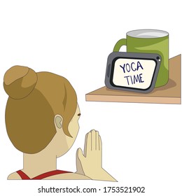 A girl id doing Yoga at home on white isolated background, lined cartoon vector stock illustration for prints on booklets, posters or card, making decor of websites, using as icons for social networks
