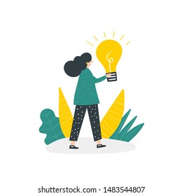 Girl with idea light bulb. Cute hand drawn doodle concept illustration with woman, plants. Banner, poster, background about inspiration, success, decision.