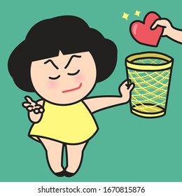 Girl Ignoring And Giving Away Trash Can To Someone Hand Who Give Her Red Heart Concept Card Character illustration