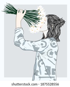 Girl illustration admiring flowers in hand