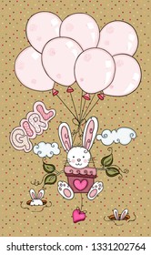 Girl illustration of a bunny flying with balloons
