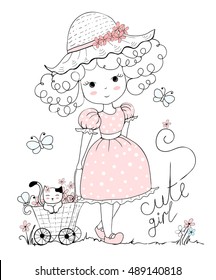 girl illustration, cat, flowers, In pastel, girl  Lettering, romantic, cute princess, sticker, pretty, little,  print, beautiful, cartoon