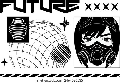 girl illustration in cyberpunk brutalism style white label for  banner, flyer Modern, trendy colors, minimalist art, vector illustration.
