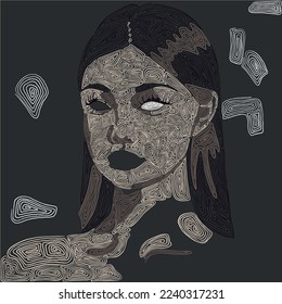Girl illustration. Girl drawn with lines. Abstract illustration. Can be used for magazines and web resources. Illustration of a girl on a gray background.