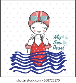 Girl Illustration, marine girl, resort, sea, summer print,swimmer girl illustration book hand draw girl