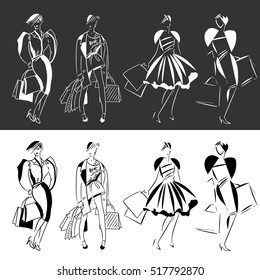 Girl illustration with shopping bags.  Big set. Fashion illustration