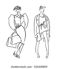 Girl illustration with shopping bags. Fashion illustration. Line vector illustration