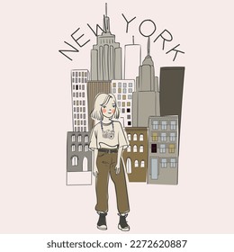 Girl illustration with slogan.  Vector graphic design for t-shirt. New York girl drawing. New your city illustration.