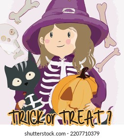 girl illustration with trick or treat slogan design halloween costume pumpkin