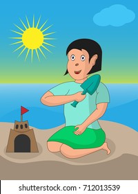 girl illustrations playing sand castles on the beach, cover designs, wallpapers, children's books, vector cartoon pictures