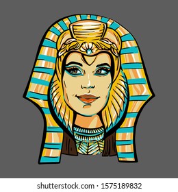 The girl in the image of Cleopatra. In the Egyptian style, cute vector fashion illustration . In gold, pink and turquoise colored isolated on a gray background