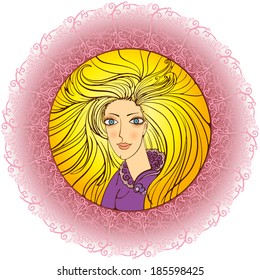 Girl in the image of spring. Portrait of a girl framed in a purple floral ornament