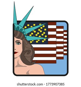 The girl in the image of the Statue of Liberty with the American flag in the background.