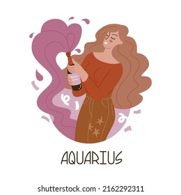 Girl in the image of the zodiac sign Aquarius. Beauty astrology. Individual horoscope with beautiful women. Analysis of the characteristics of the date of birth. Flat style in vector illustration.