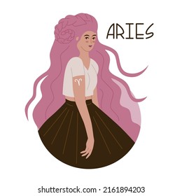Girl in the image of the zodiac sign Aries. Beauty astrology. Individual horoscope with beautiful women. Analysis of the characteristics of the date of birth. Flat style in vector illustration.