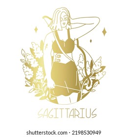 Girl in the image of the zodiac sign Capricorn. Woman with a bow and arrows. Archery sport. Analysis of the characteristics of the date of birth. Flat style in vector illustration.